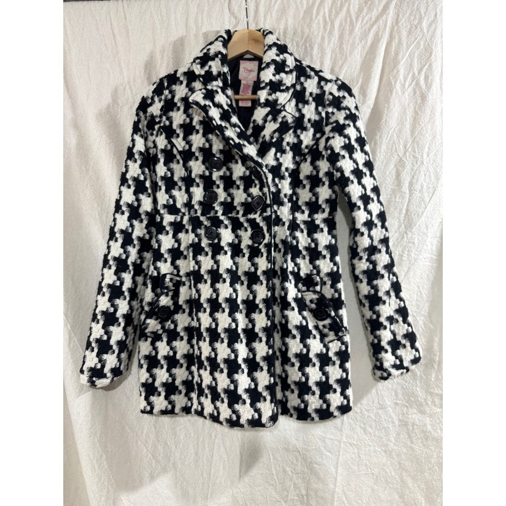 Candies Vintage Y2K Houndstooth Pea Coat Black White Wool Blend Double Breasted
